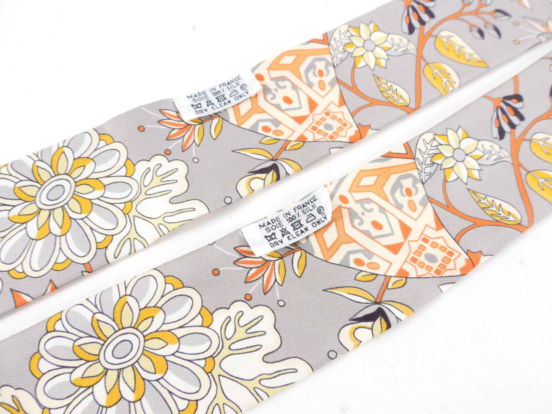 Hermes Grey and Orange Floral Twilly Set x 2pcs