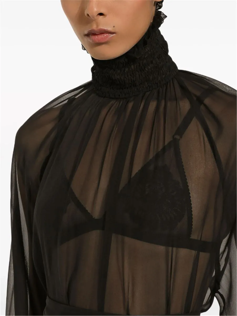 HIGH-NECK SHEER SILK BLOUSE