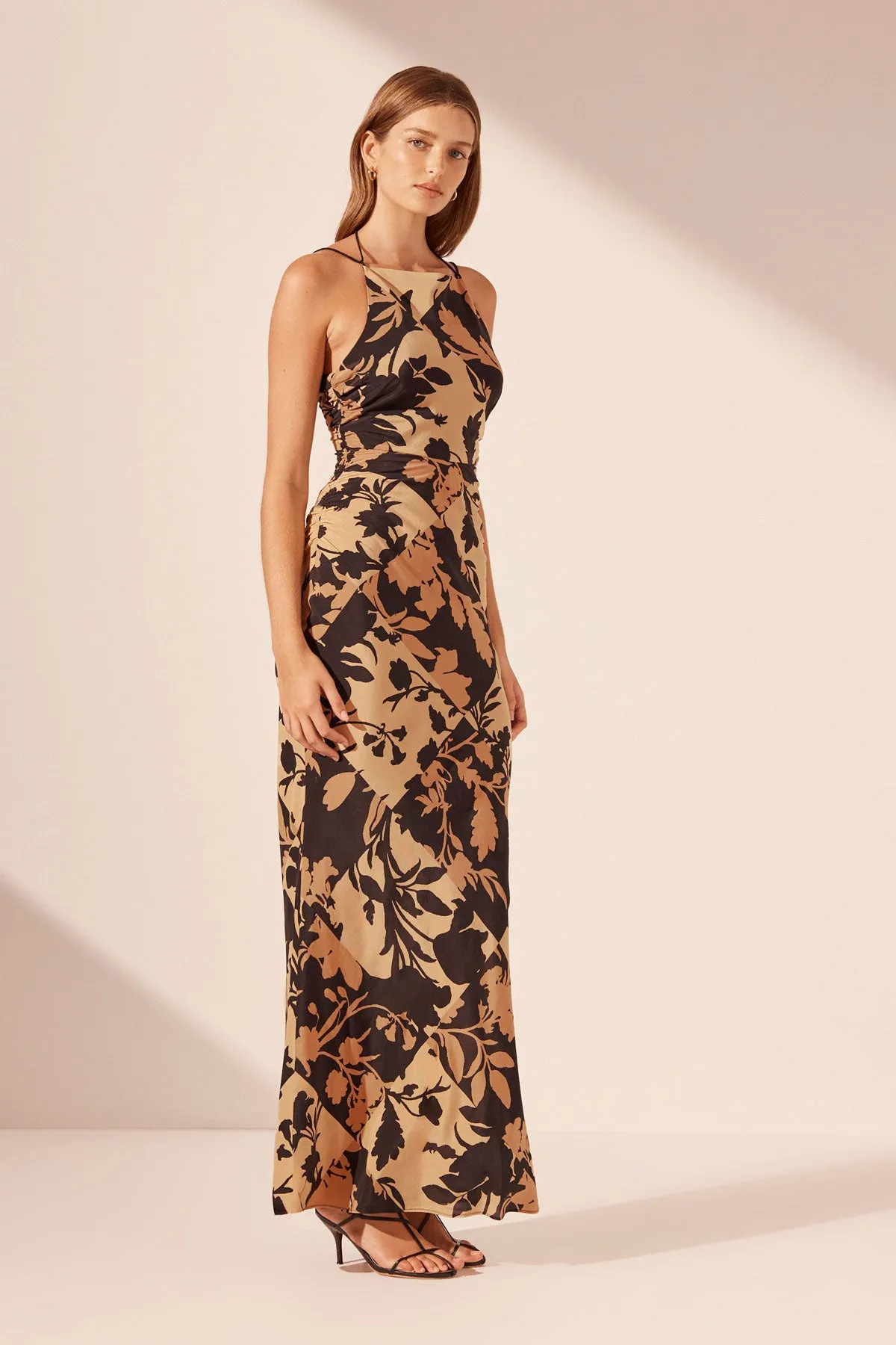 LAI SILK HIGH NECK RUCHED MAXI DRESS