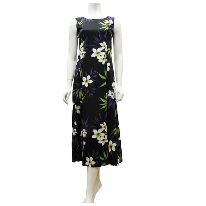 Long Flare Sleeveless Plumeria Print Dress | Black