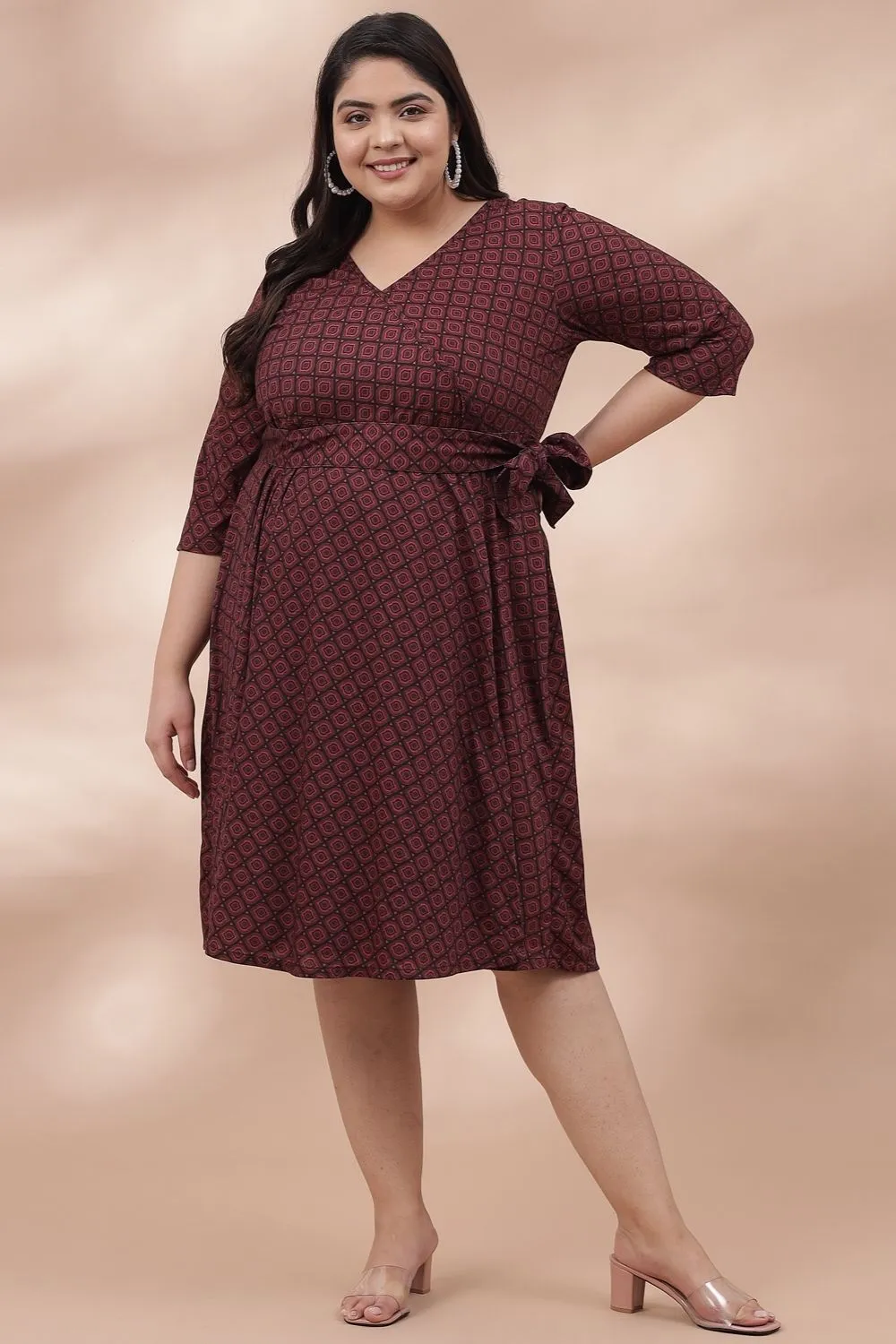 Maroon Printed True Wrap Dress