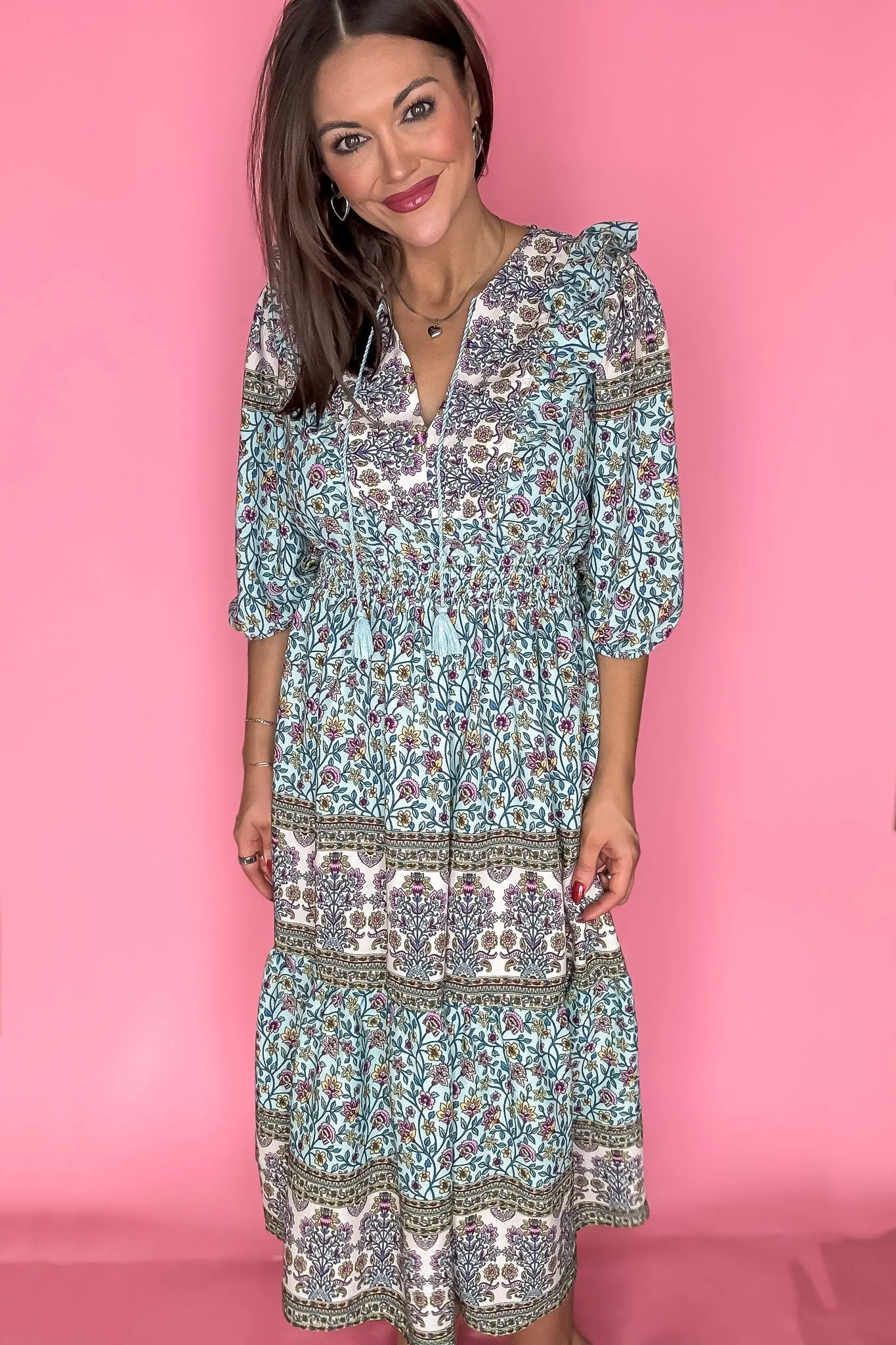 Mint Border Print V-Neck Midi Dress