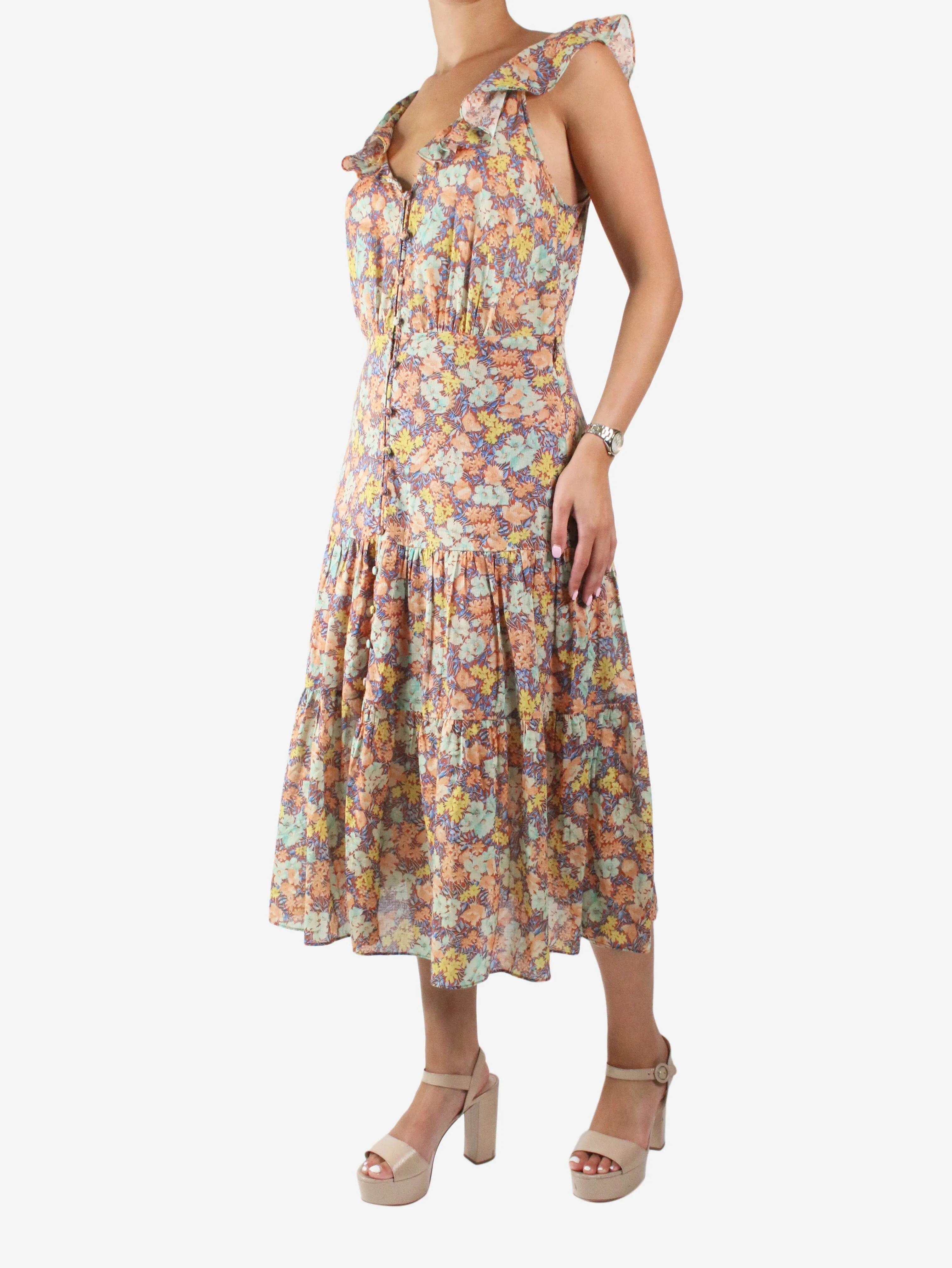 Multicolour sleeveless floral midi dress - size UK 10