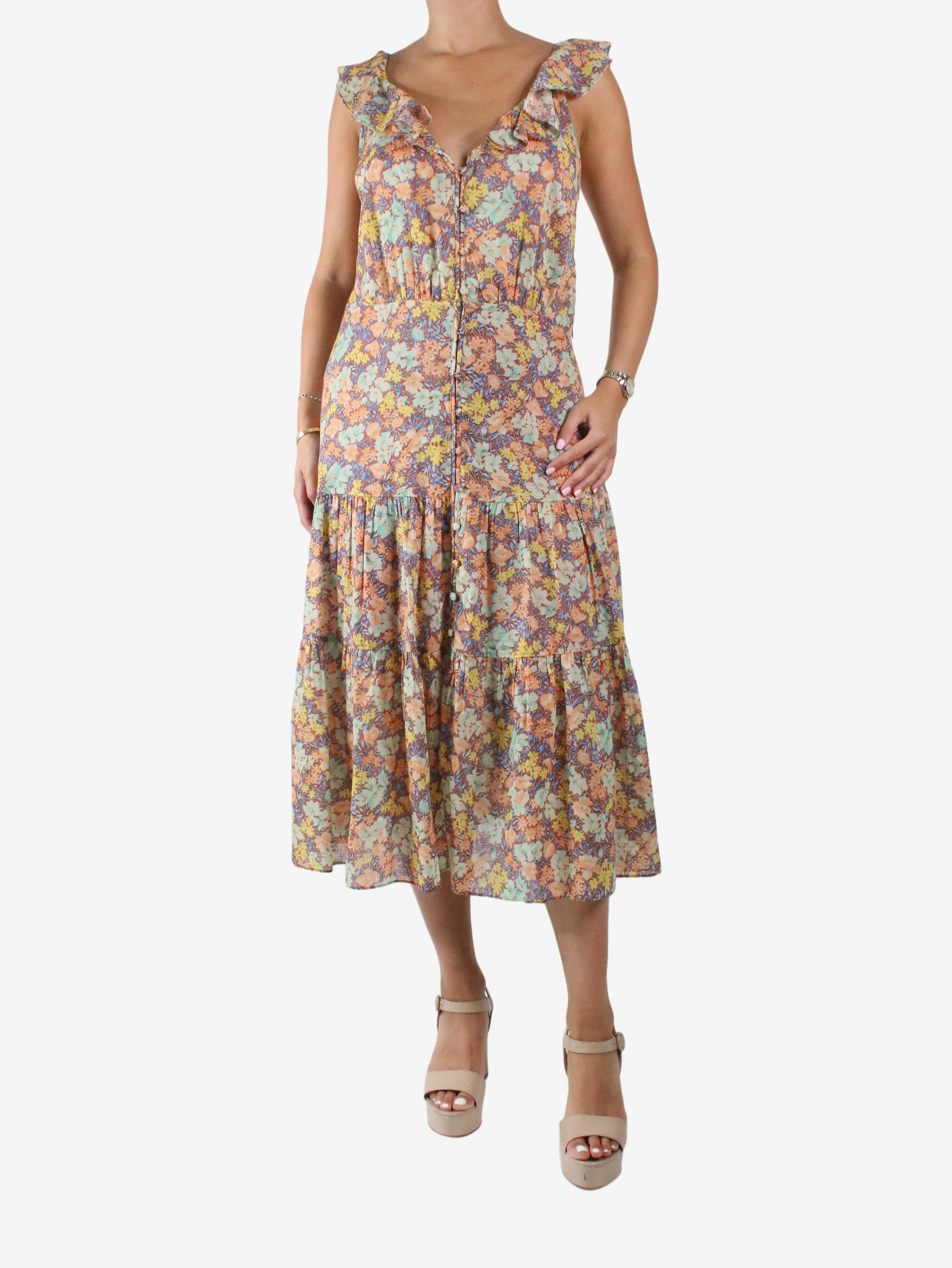 Multicolour sleeveless floral midi dress - size UK 10