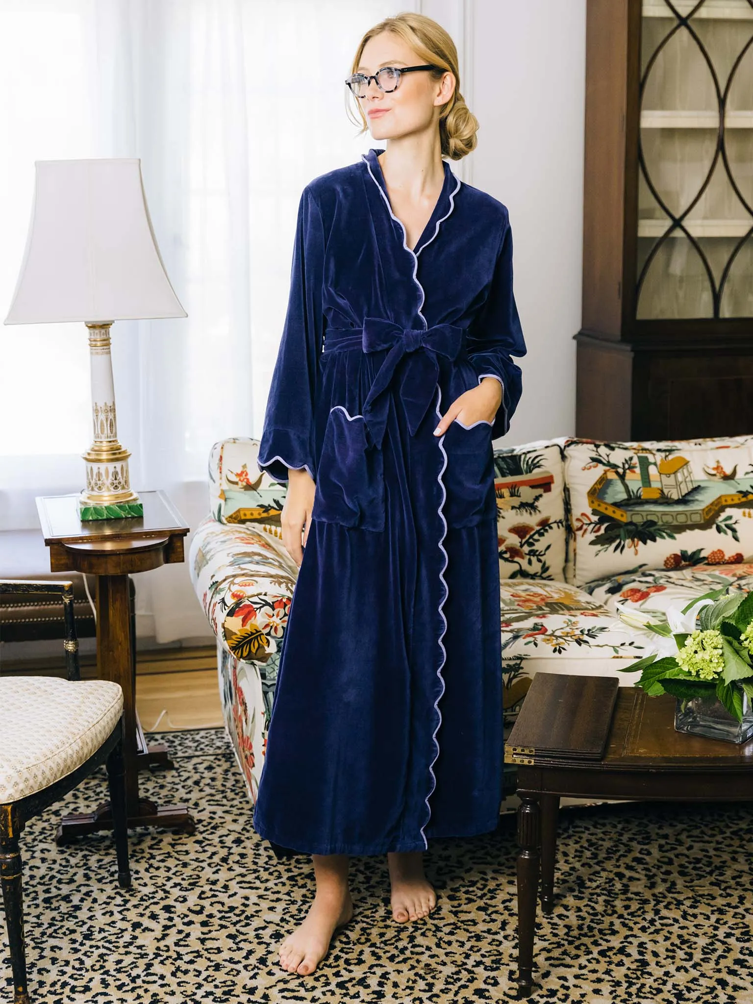 Navy Cotton Velvet Classic Robe