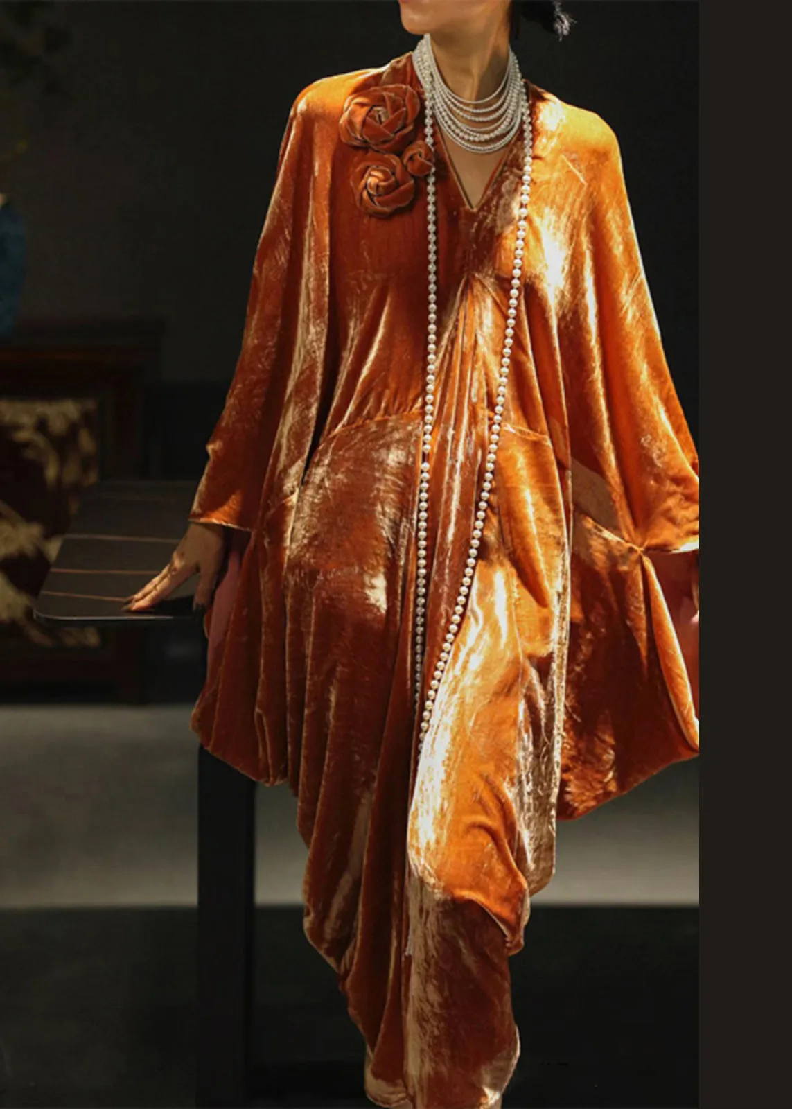 Elegant Orange V-Neck Silk Velvet Dress - Spring Collection QA1022