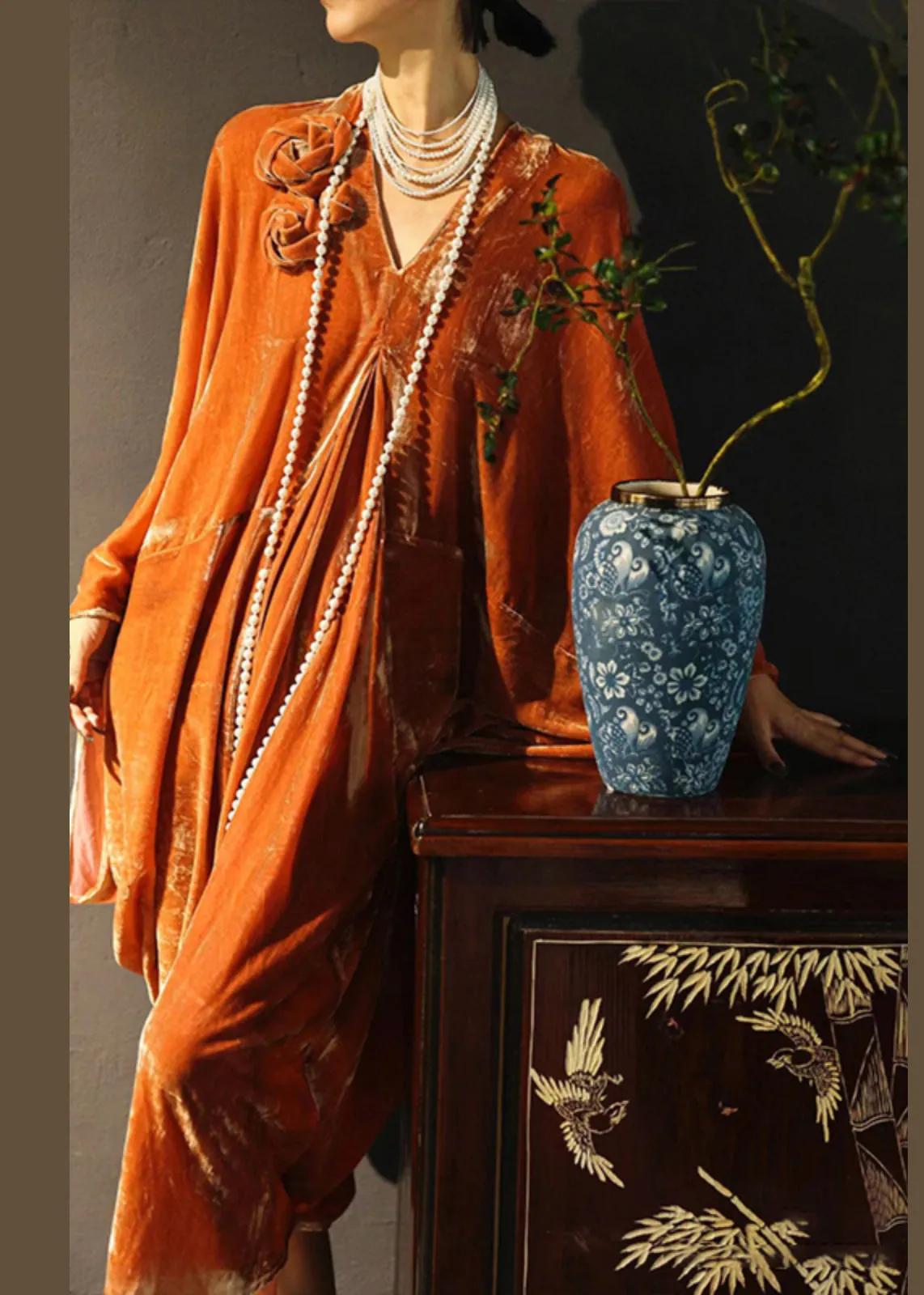 Elegant Orange V-Neck Silk Velvet Dress - Spring Collection QA1022