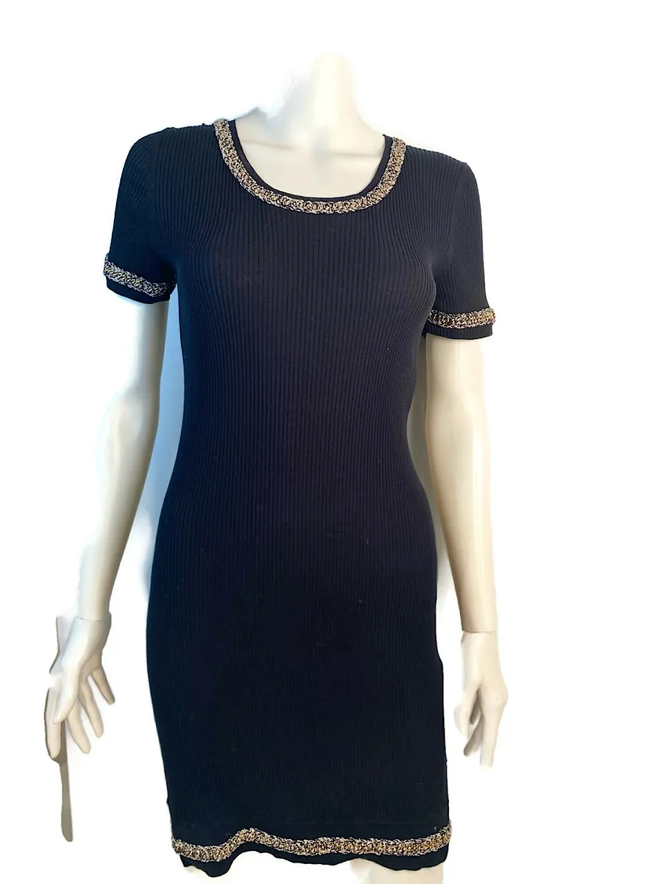 NWT Chanel 10P, 2010 Spring black gold trim chain dress FR 38