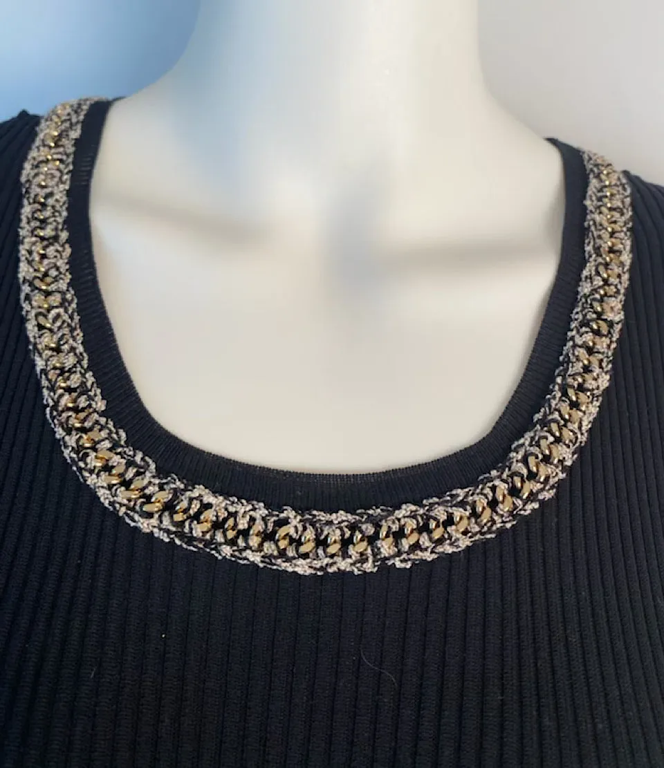 NWT Chanel 10P, 2010 Spring black gold trim chain dress FR 38