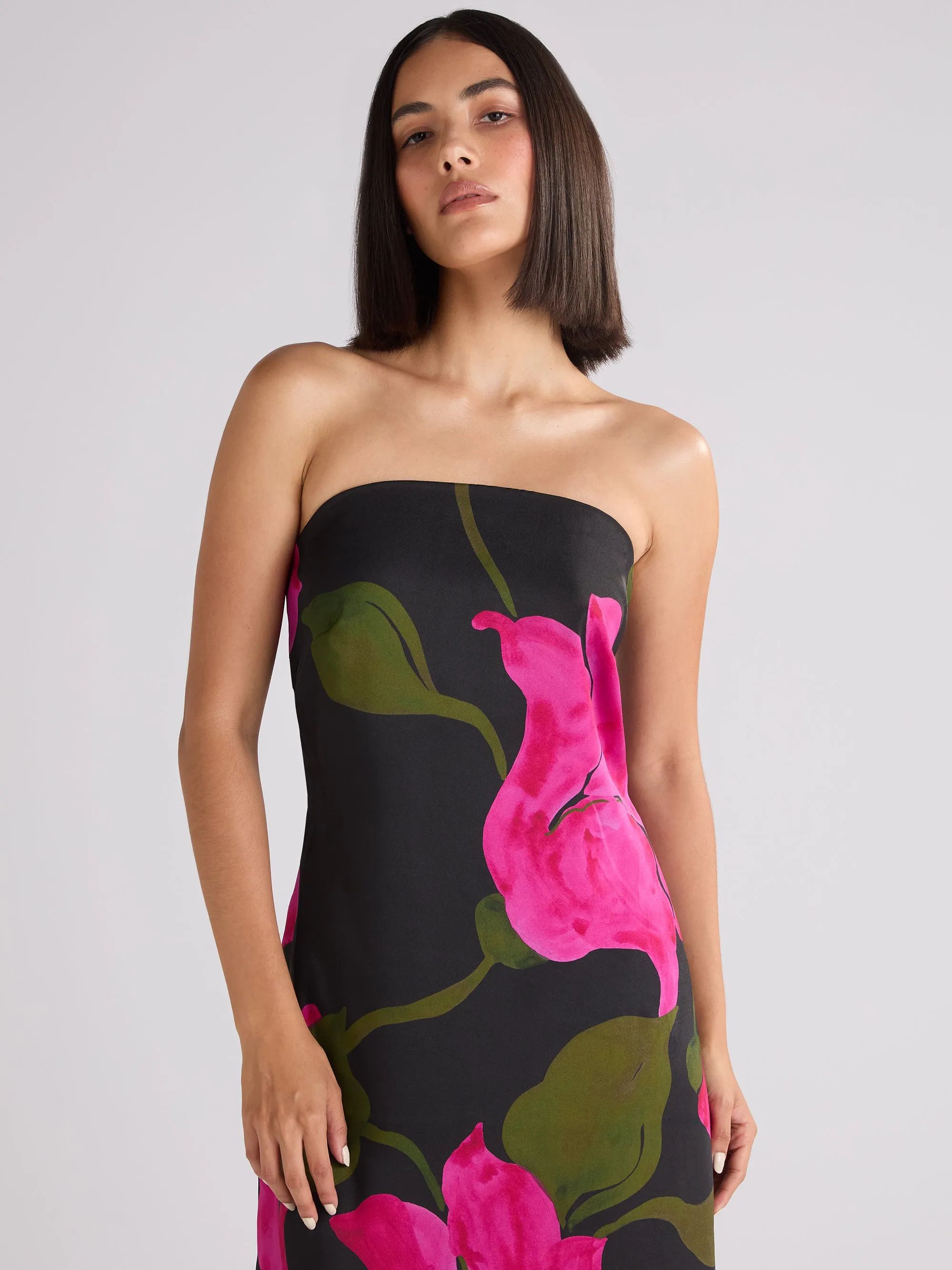 Petite Kira Pink Floral Satin Bandeau Dress