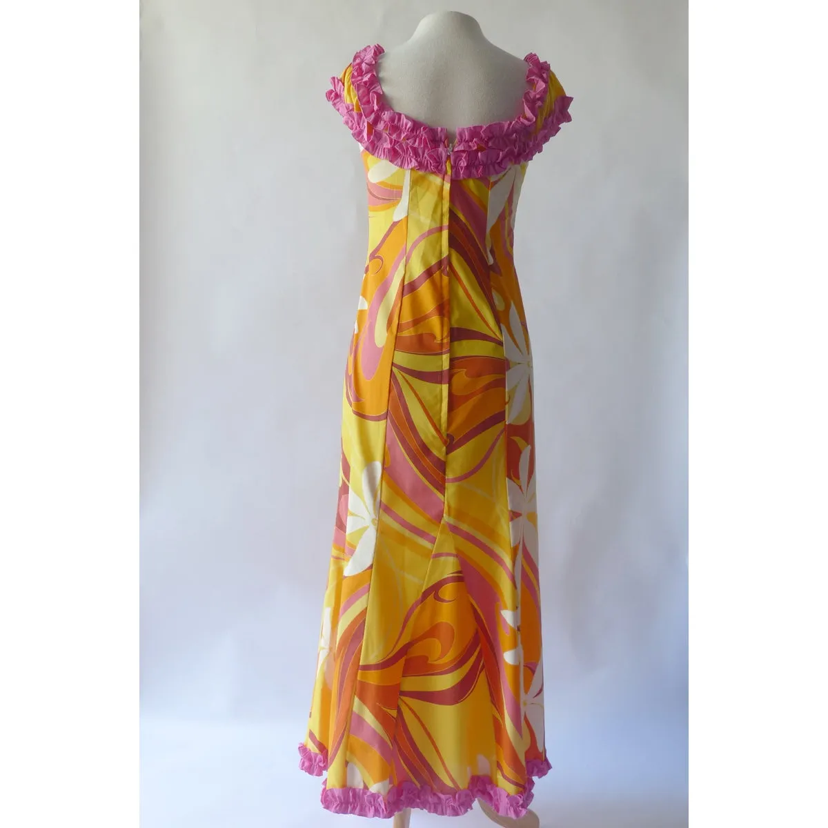 Pink Baby Ruffle Yellow Swirl Hawaiian Dress (Lightly Used)