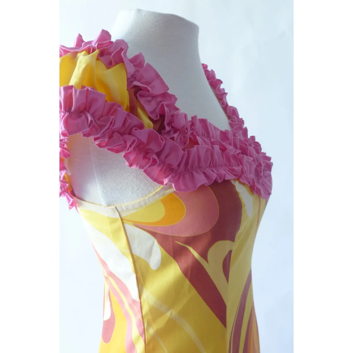 Pink Baby Ruffle Yellow Swirl Hawaiian Dress (Lightly Used)