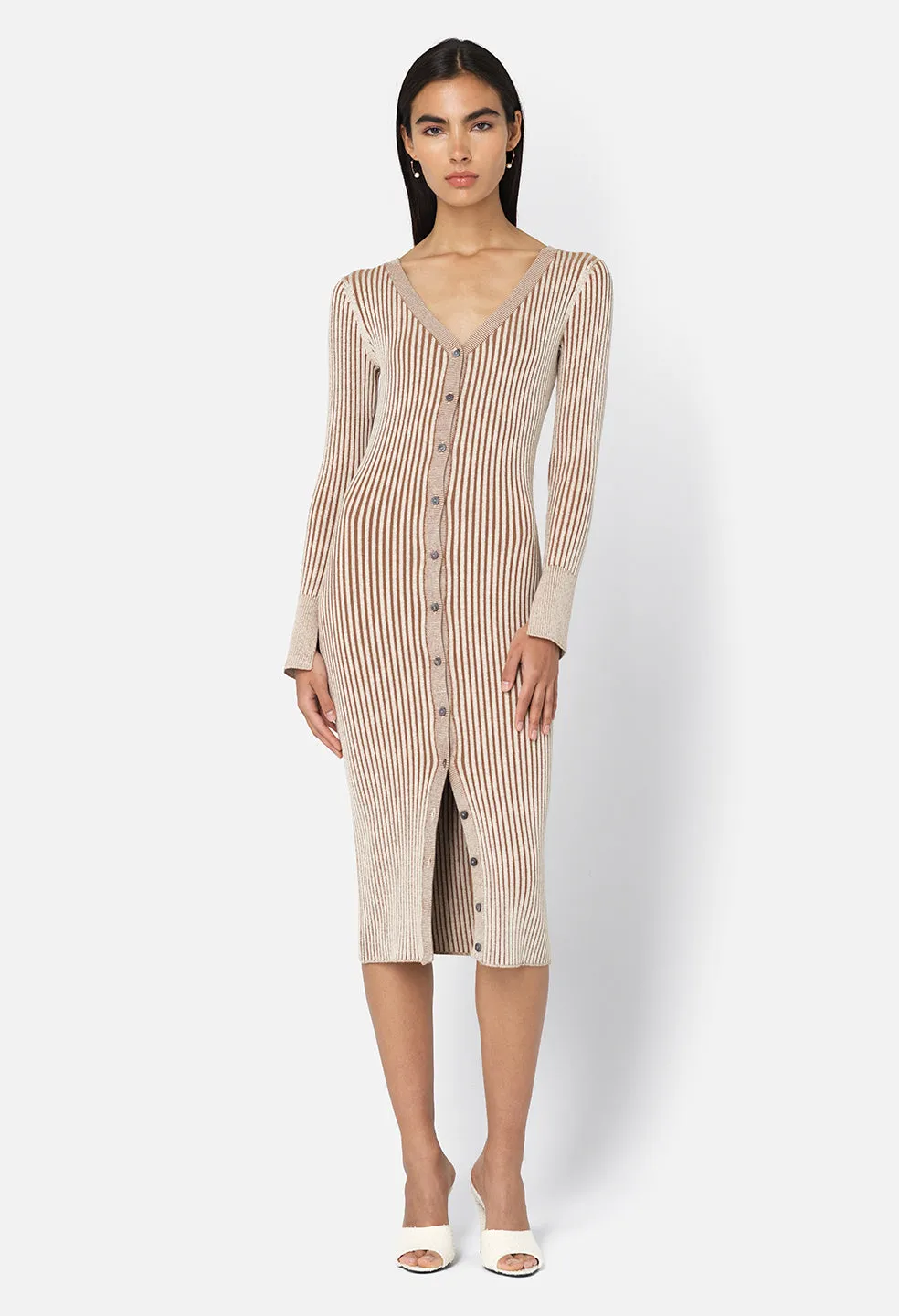 Piper Silk Rib Button Dress / Mocha