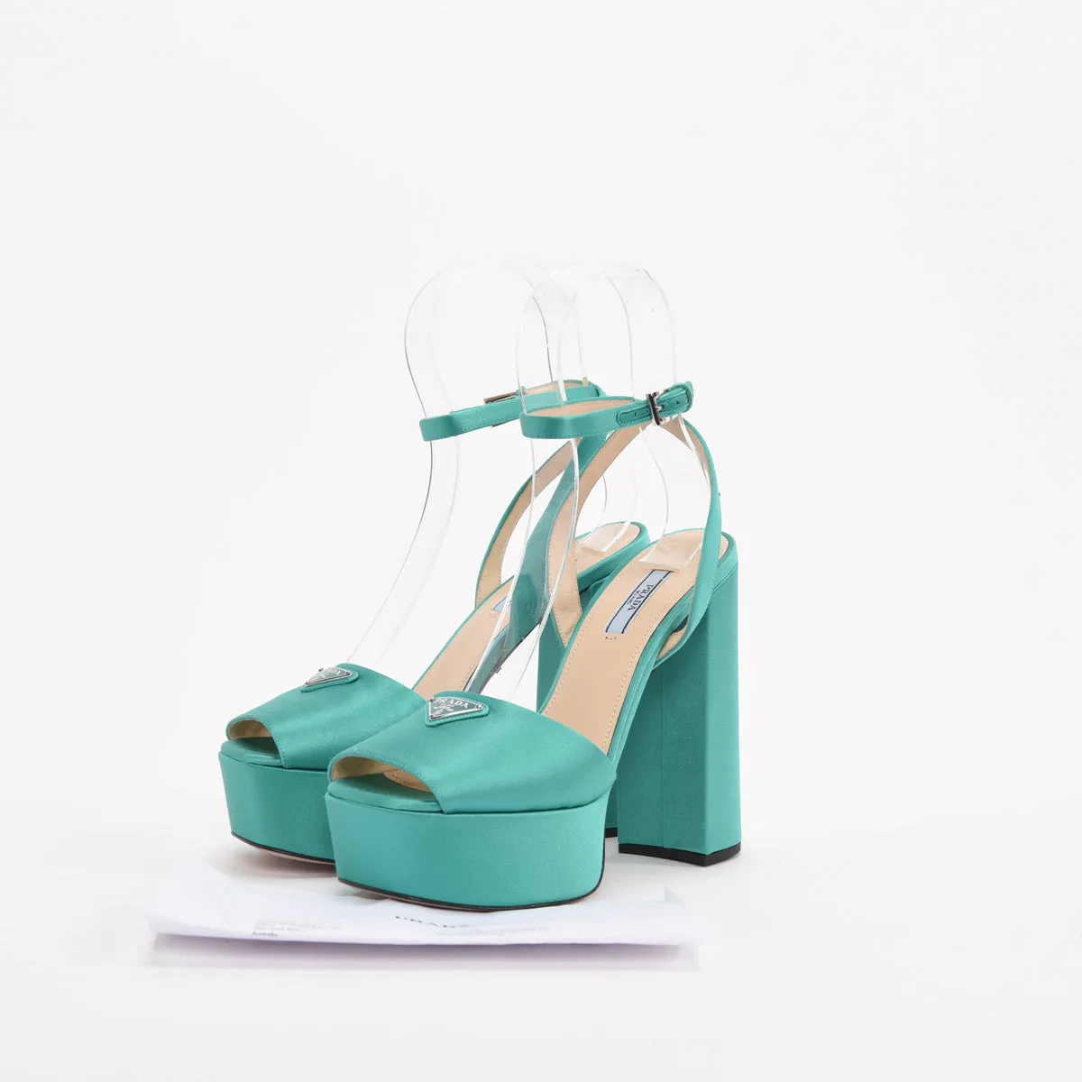 Prada Emerald Satin Platform Pumps 39