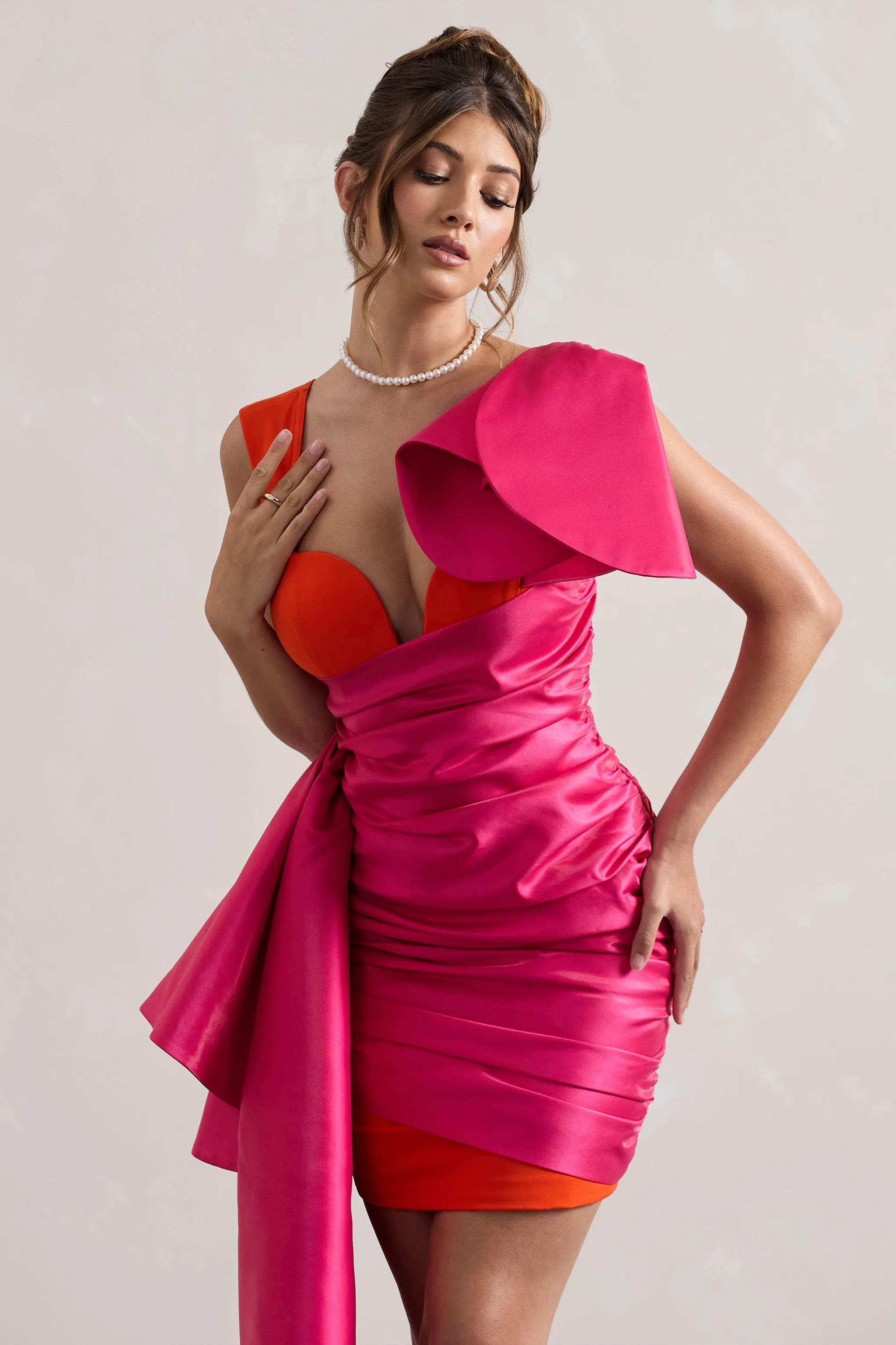 Rare | Pink & Orange Satin Wrap Mini Dress Peplum Drape