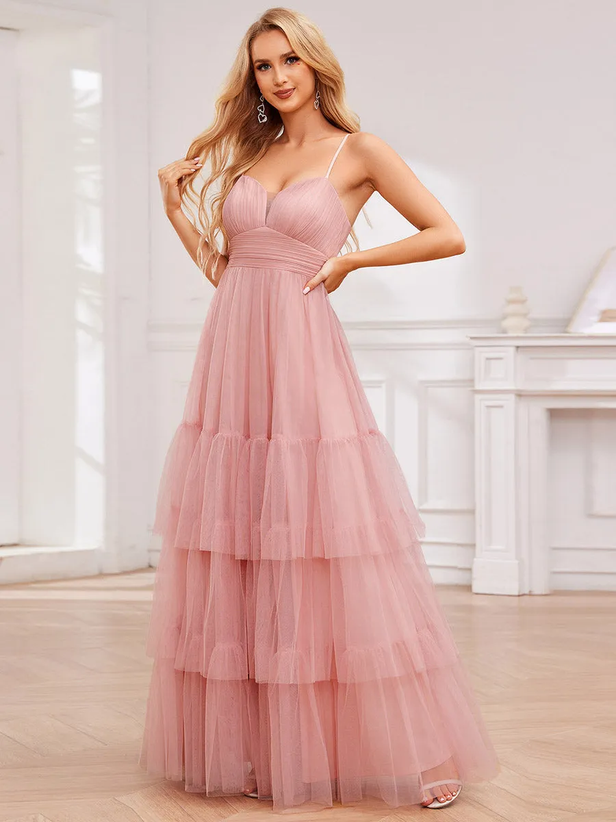 Romantic Spaghetti Straps Sweetheart Neckline See-Through A-Line Layered Tulle Dress