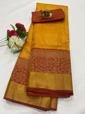 Royal Pure Kanjeevaram Brocade Yellow Floral Wedding Silk Saree - SILKMARK CERTIFIED