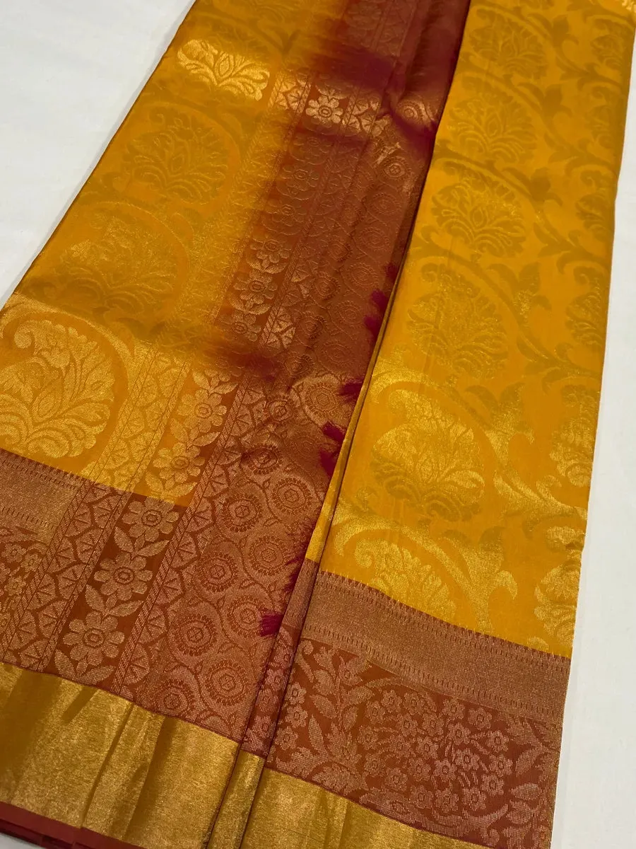 Royal Pure Kanjeevaram Brocade Yellow Floral Wedding Silk Saree - SILKMARK CERTIFIED