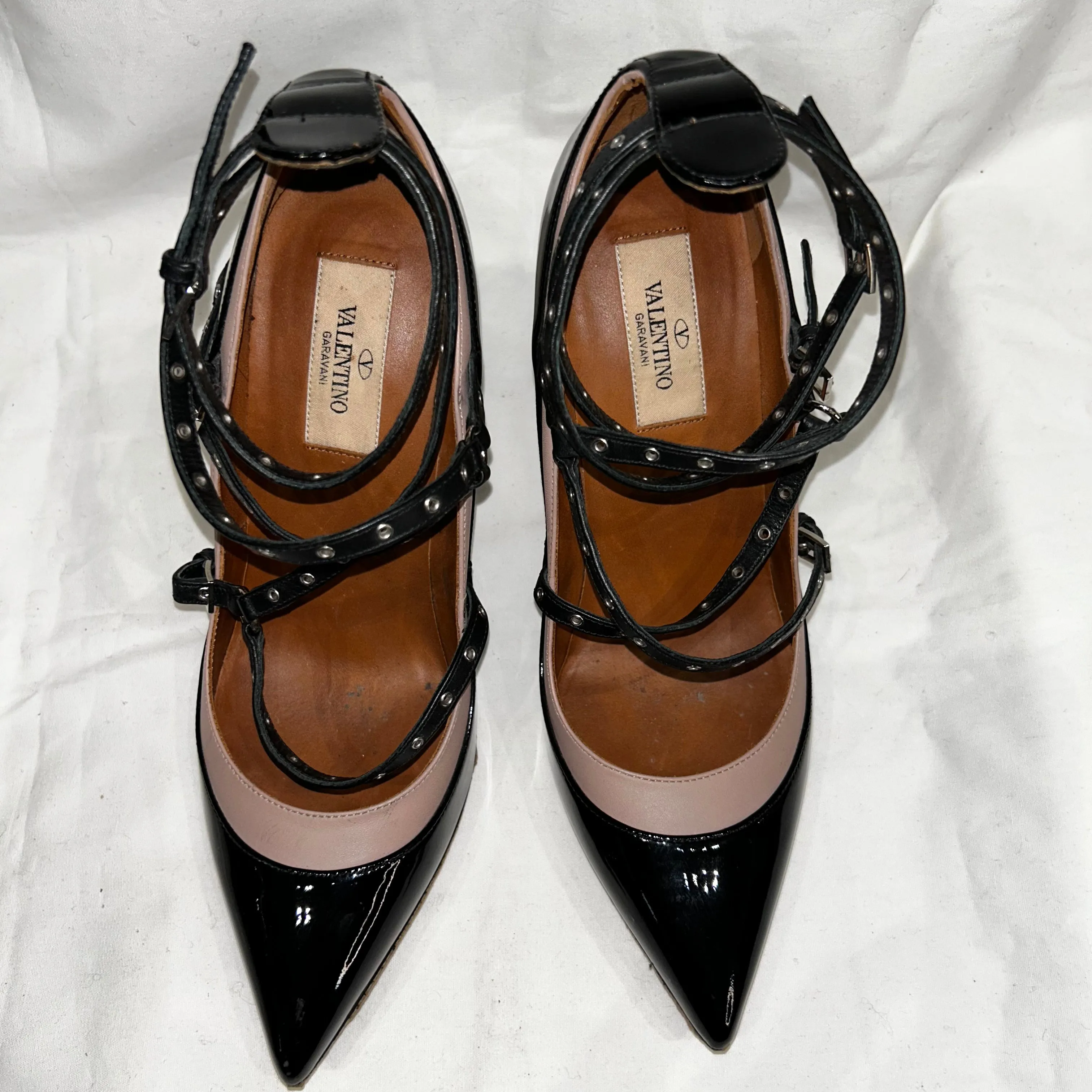 Valentino Black Patent & Nude Pink Rockstud Multistrap Heels 37.5