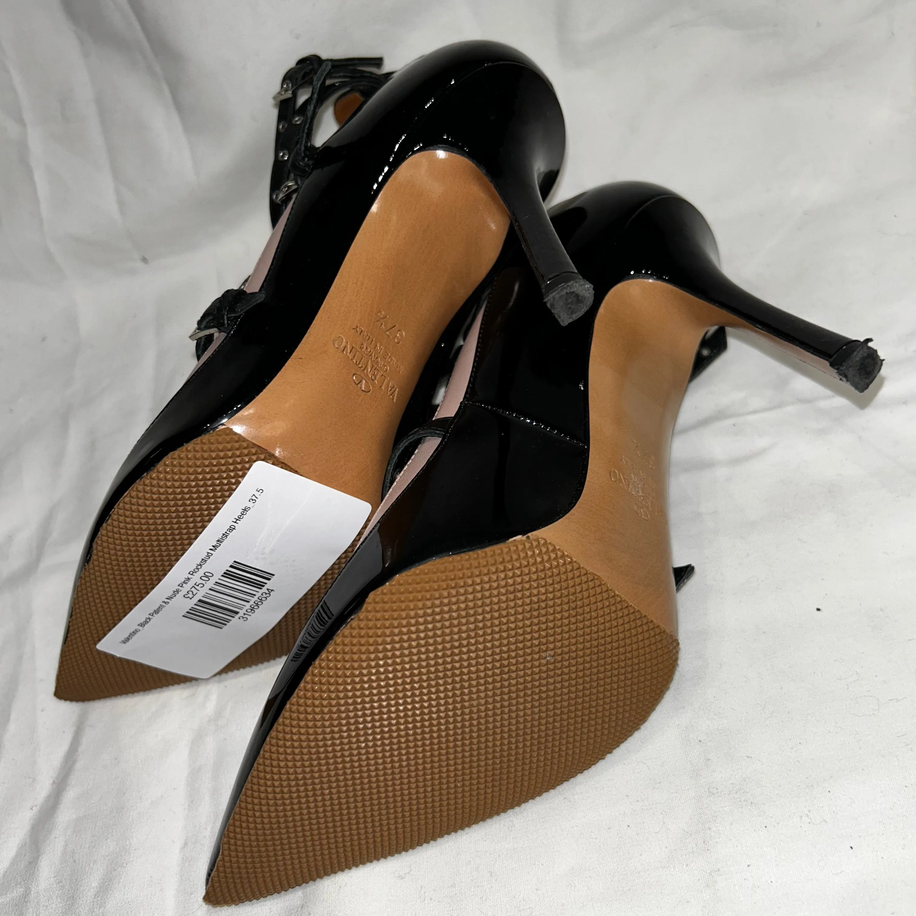 Valentino Black Patent & Nude Pink Rockstud Multistrap Heels 37.5