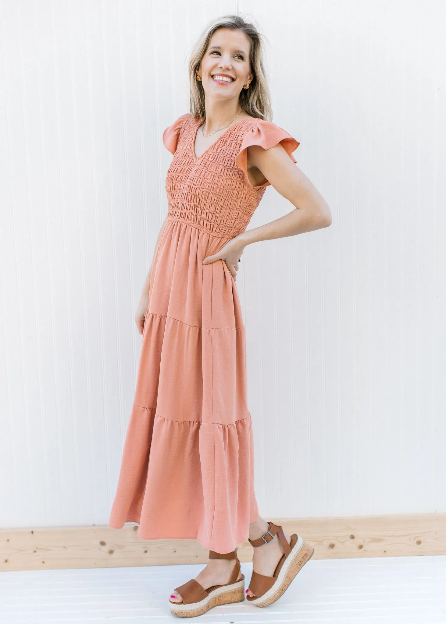 X Apricot Smocked Midi Dress