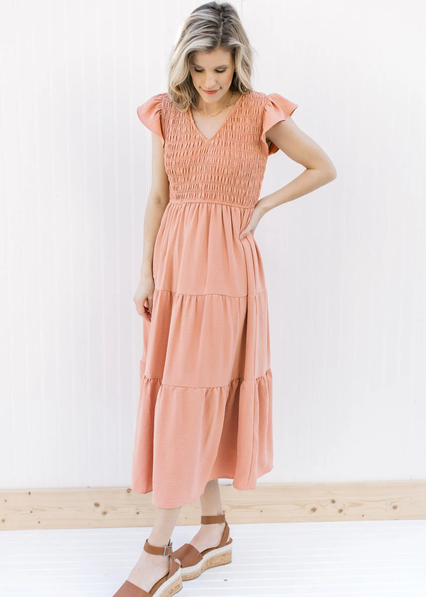 X Apricot Smocked Midi Dress