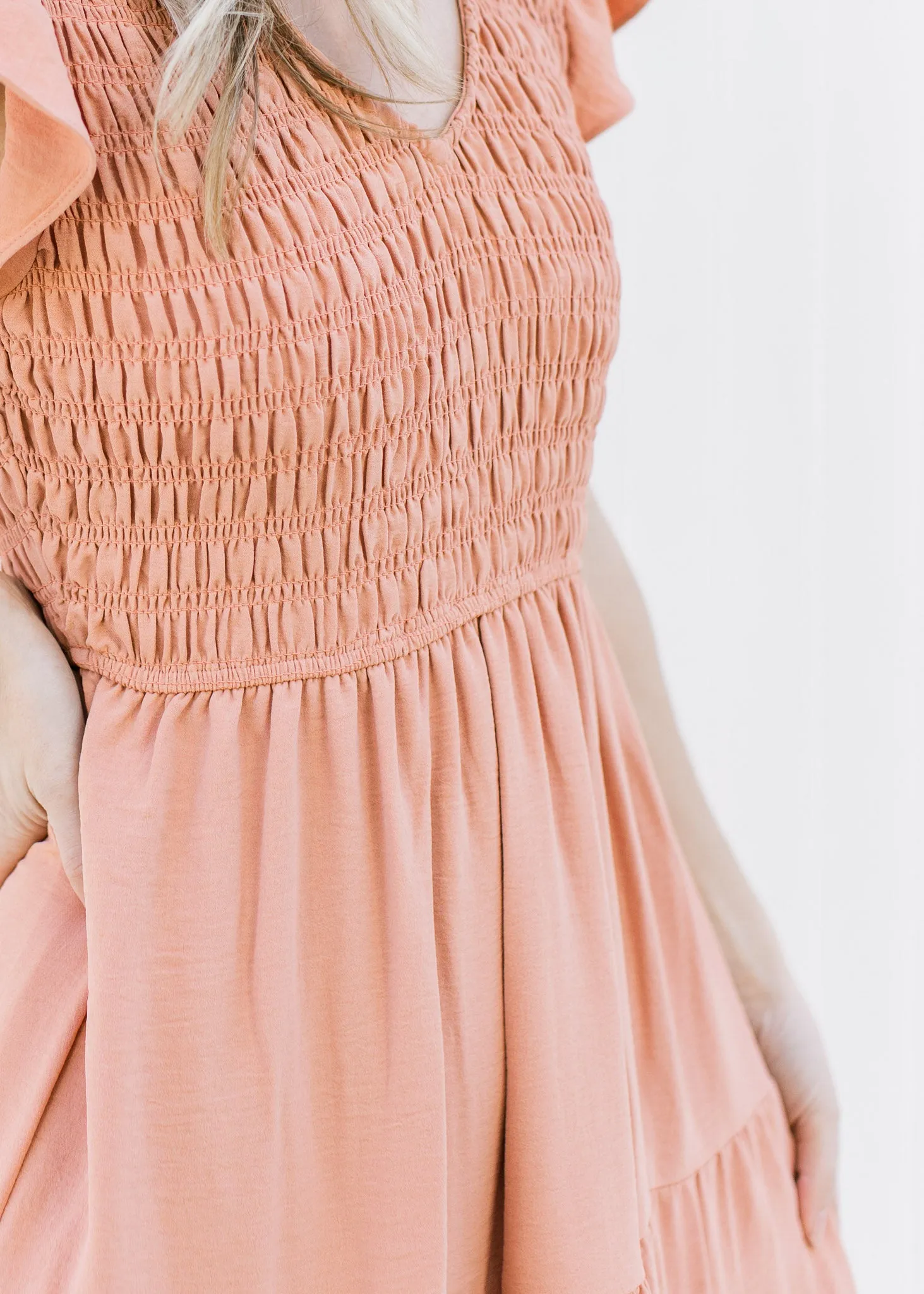 X Apricot Smocked Midi Dress