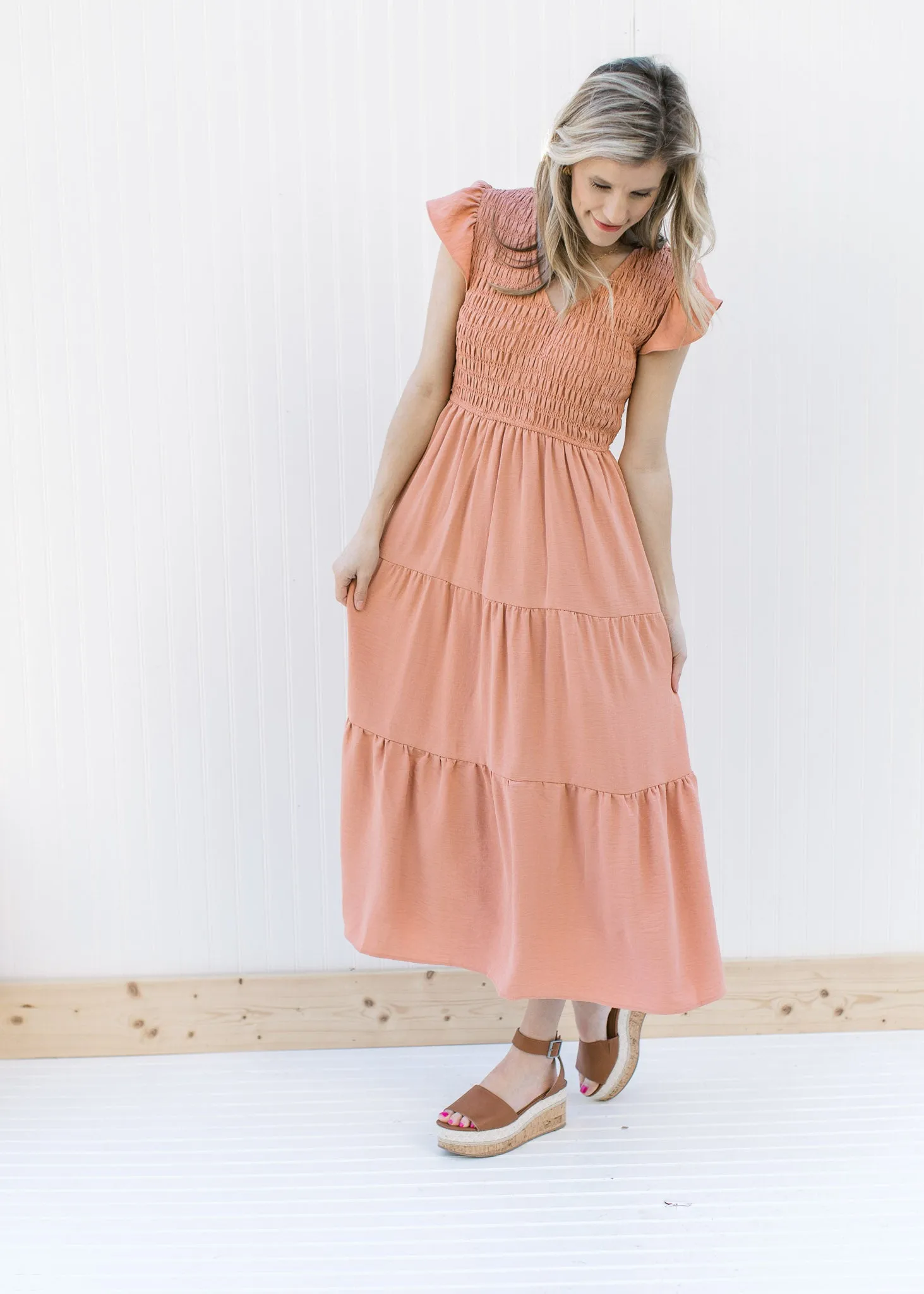 X Apricot Smocked Midi Dress