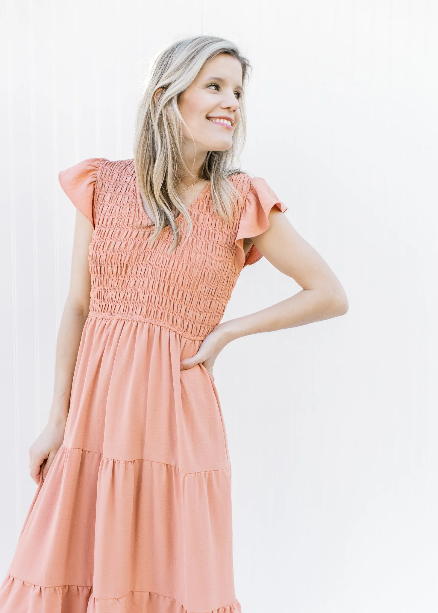 X Apricot Smocked Midi Dress